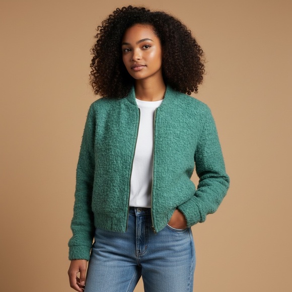 ASOS Sweaters - ASOS Green Wool-Blend Textured Zip Bomber Cardigan Jacket – Size 8